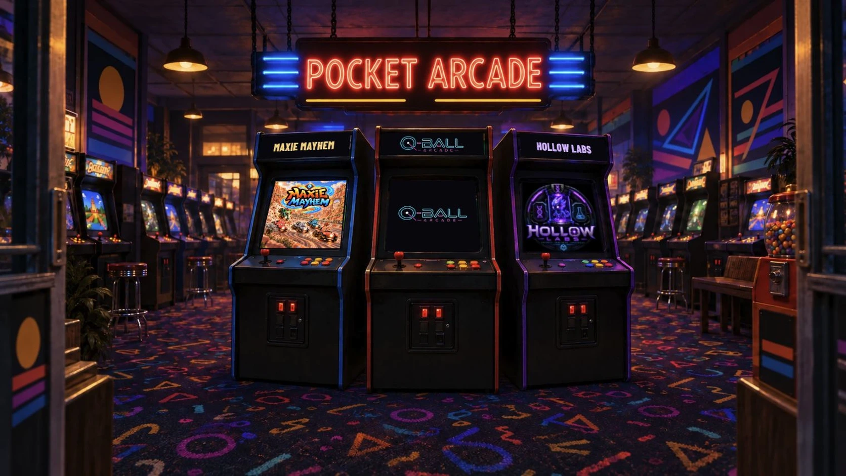 Maxie Mayhem, Q-Ball Arcade, and Hollow Labs cabinets in Pocket Arcade